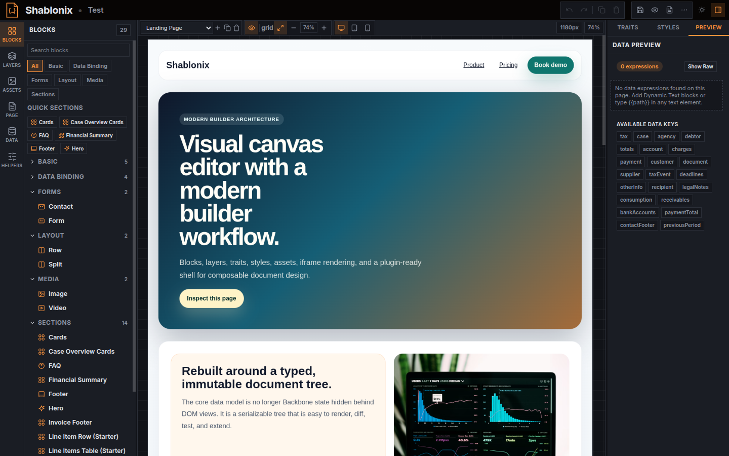 Shablonix visual editor in dark mode