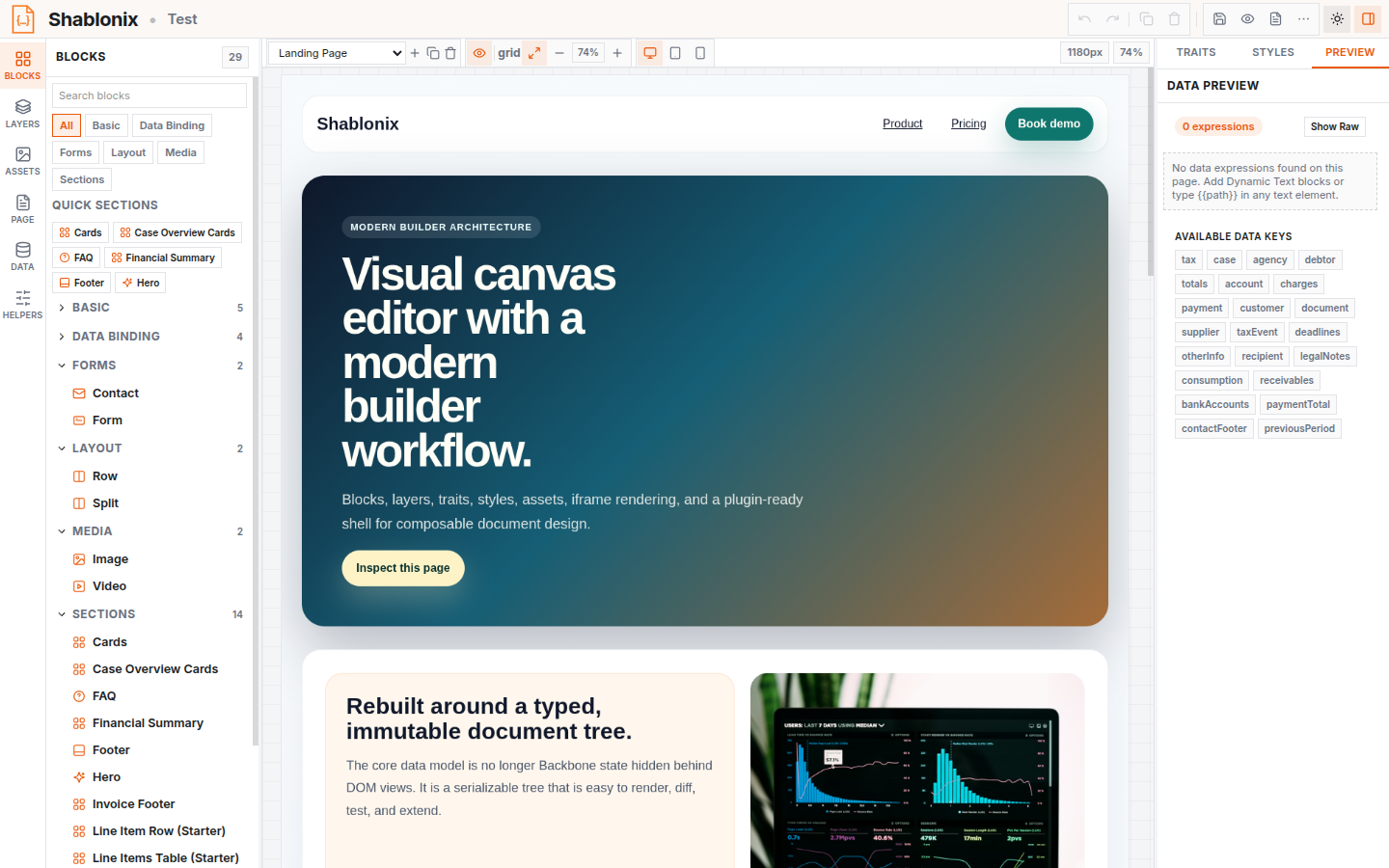 Shablonix visual editor in light mode
