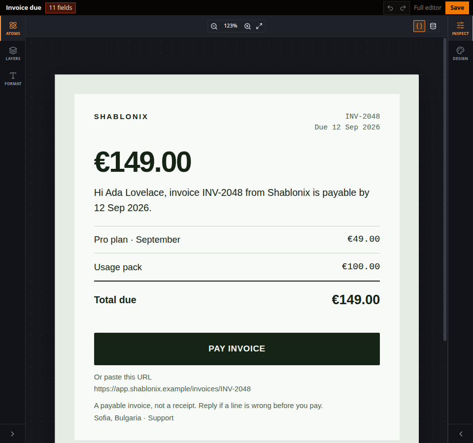 Shablonix email plugin: Invoice due letter with compact insert and style rails inside a 32px bar.
